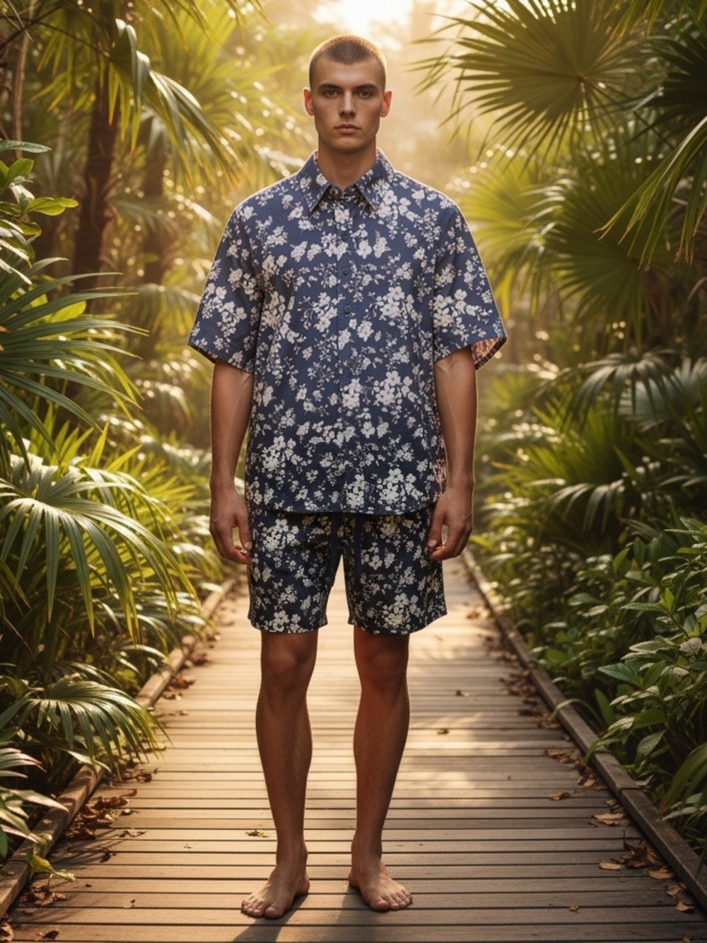 WILDFANG The Essential SS Button Up & Drawstring Short Set Blue Floral XXL